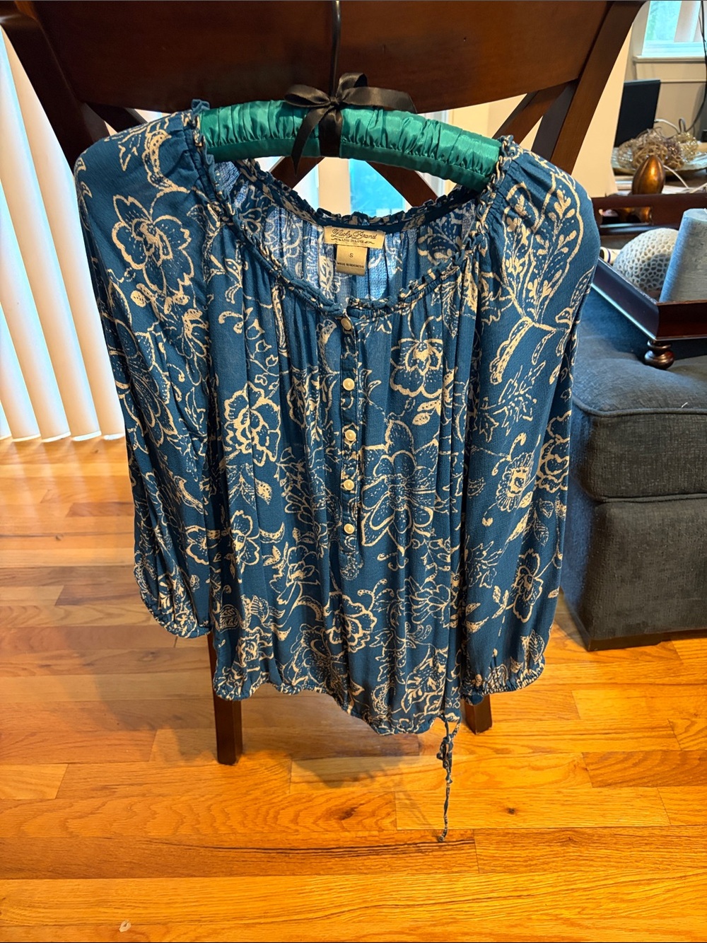 Lucky Brand Blue Floral Button-Pleat Peasant Blouse